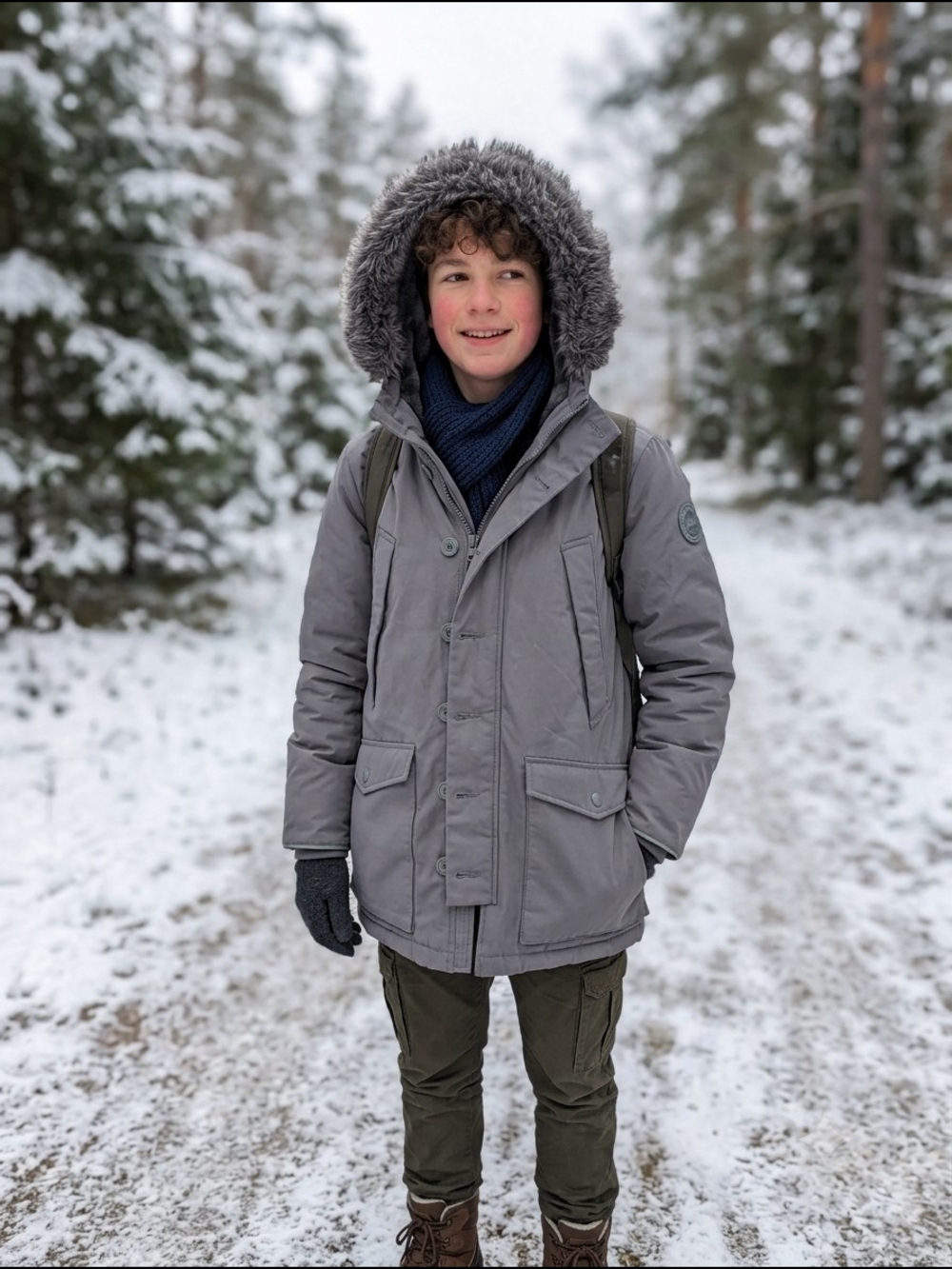 GAP Grey Goose Down Parka with Plush Faux-Fur Hood Lining Size XL 12-13 Years